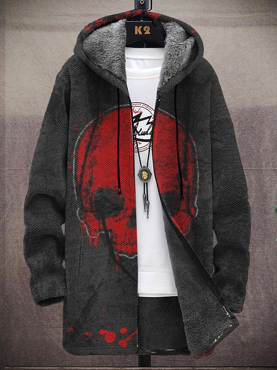 Men's Art Skull Print Hooded Two-Pocket Fleece Cardigan Jacket