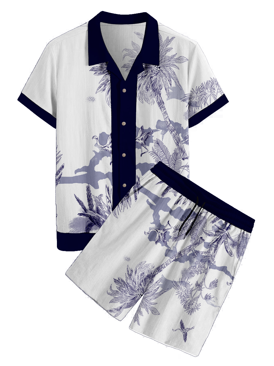 Men's Sets Hawaiian Vintage Coconuttree Print Button Pocket Two-Piece Shirt Shorts Set