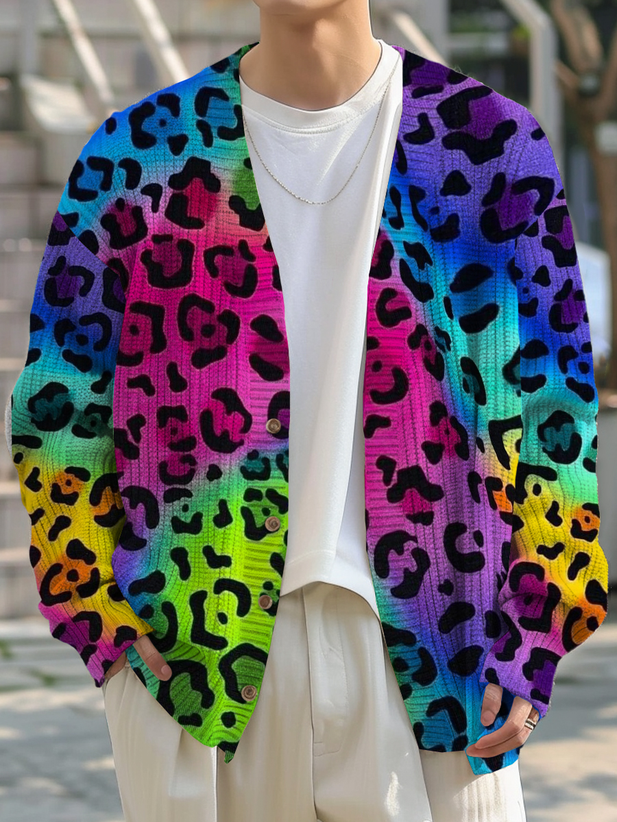 Men's Sweater Leopard Printed Buttoned Cardigan Sweater