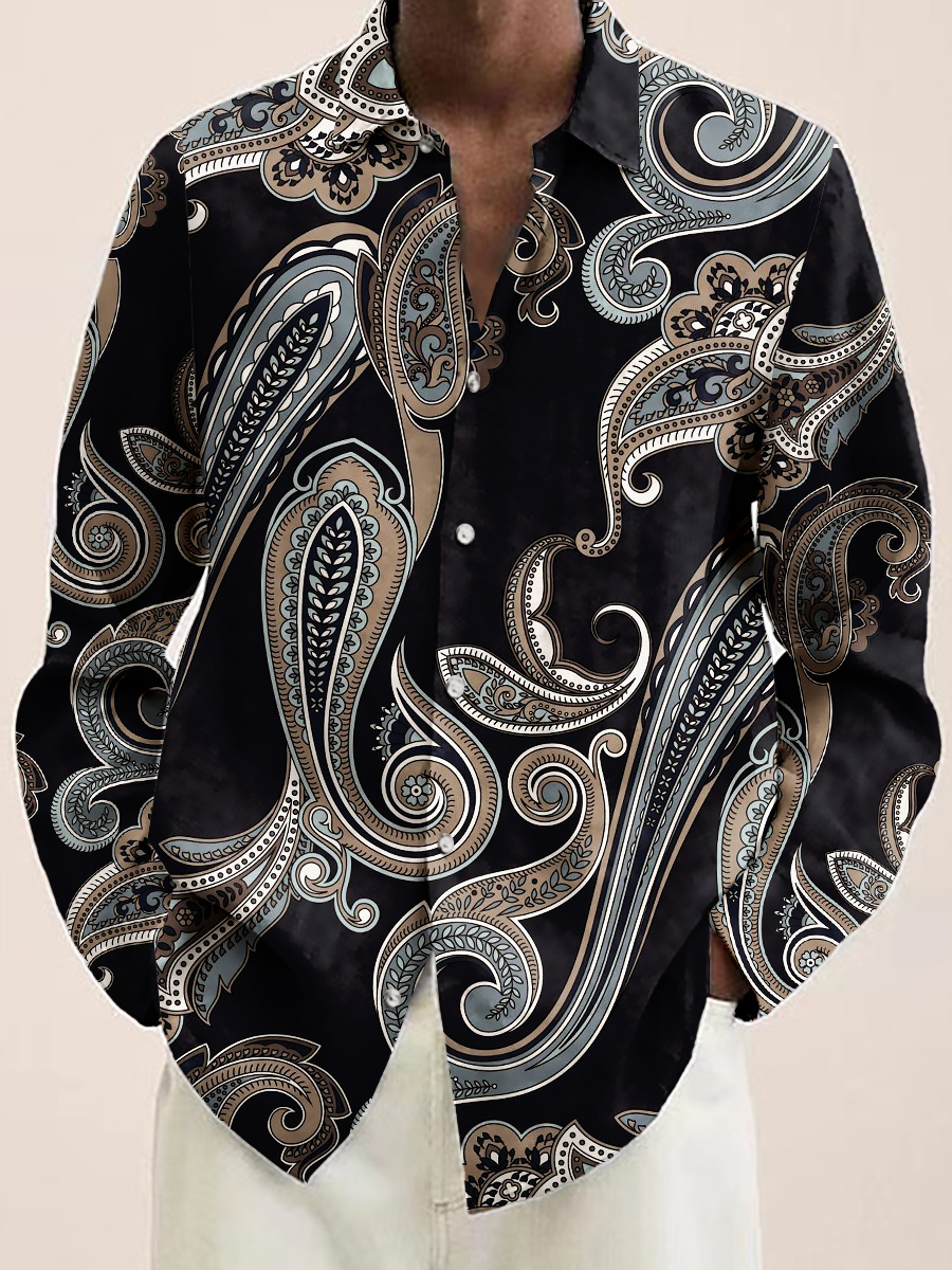 Men's Hawaiian Shirt Simple Paisley Floral Print Casual Vacation Oversized Long Sleeve Shirt