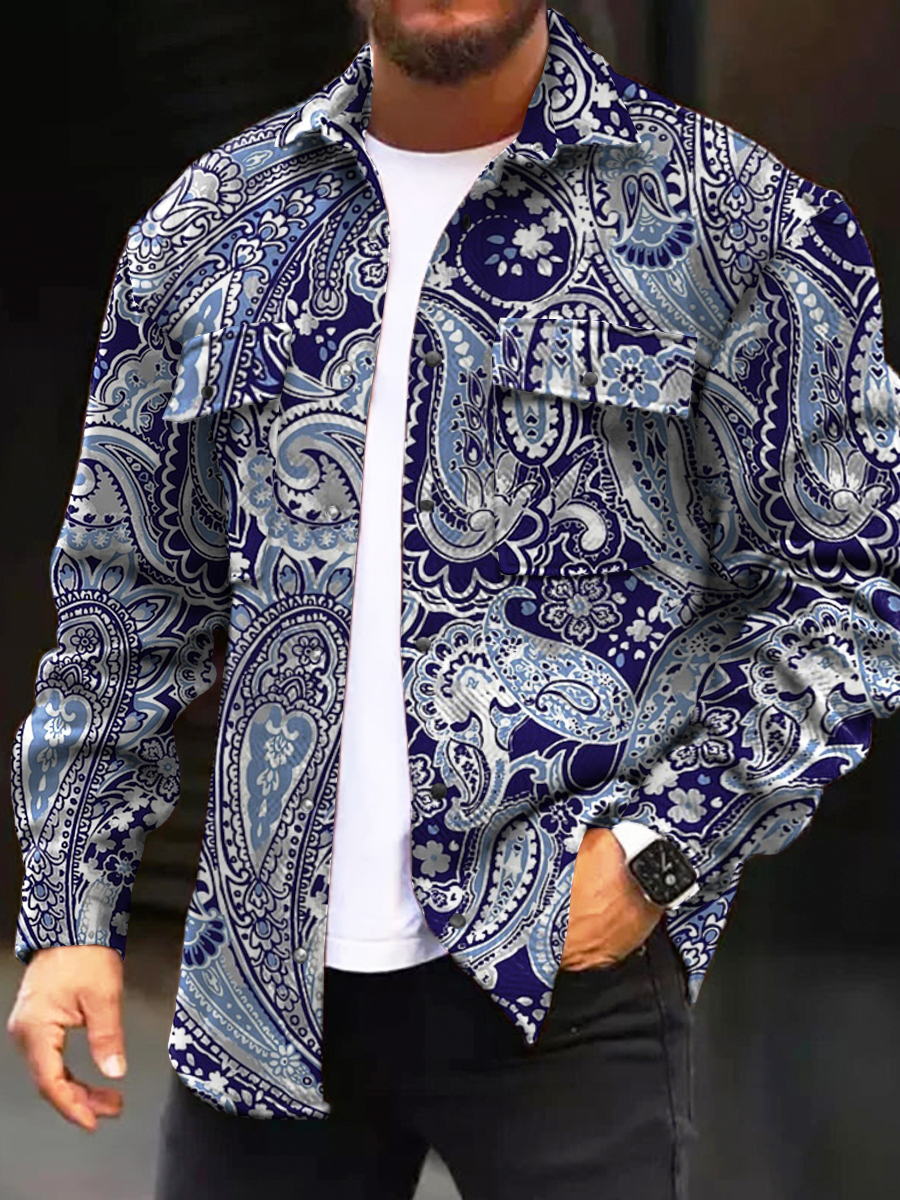 Men's Casual Jacket Fashion Retro Paisley Pattern Long Sleeve Pockets ...