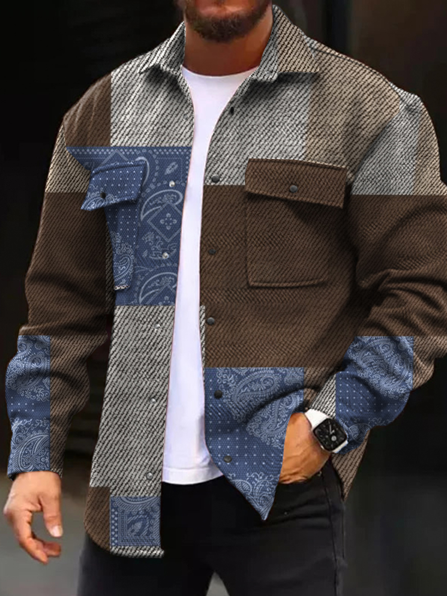 Men's Casual Jacket Fashion Paisley Squares Printed Long Sleeve Pocket Jacket