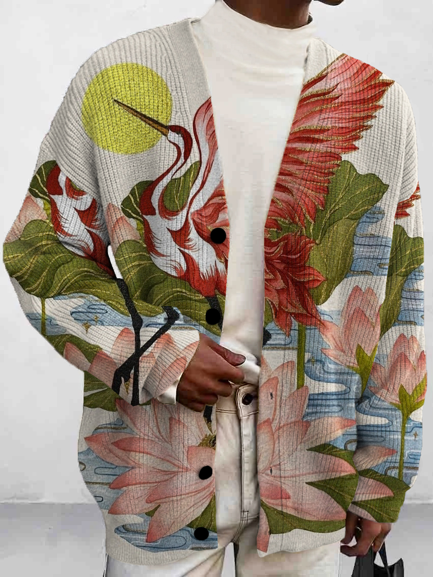 Men's Art Crane Print Buttoned Cardigan Sweater