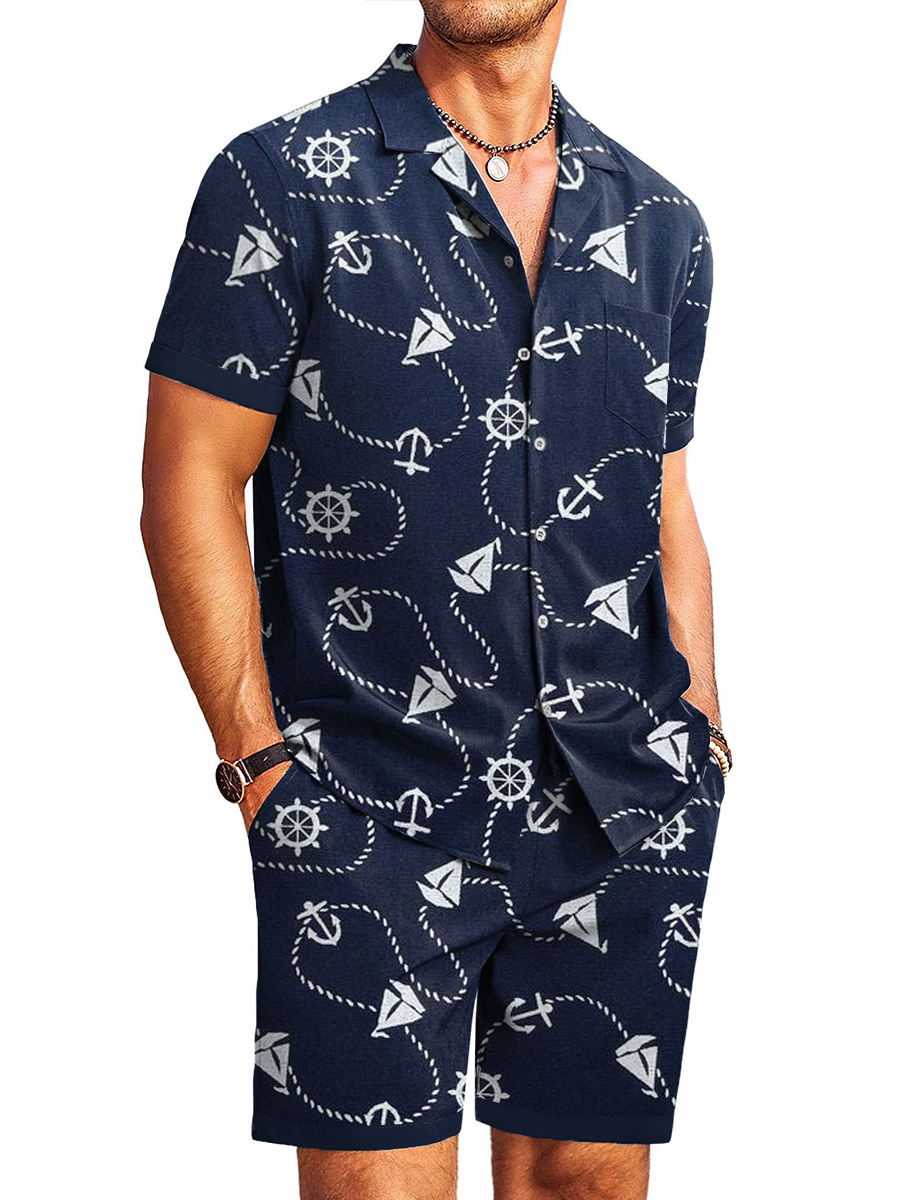 Men's Sets Hawaiian Anchor Print Button Pocket Two-Piece Shirt Shorts Set