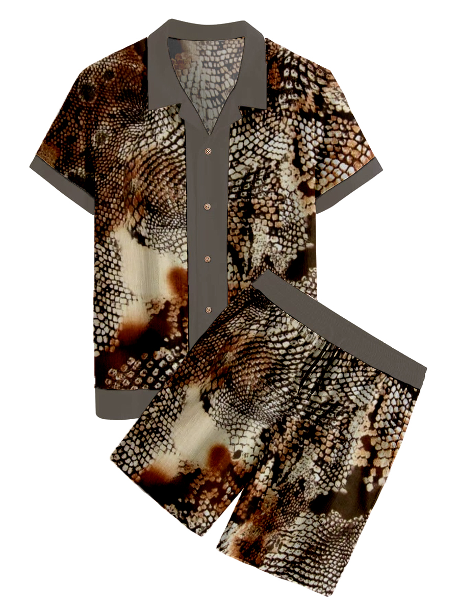 Men's Sets Hawaiian Python Pattern Print Button Pocket Two-Piece Shirt Shorts Set