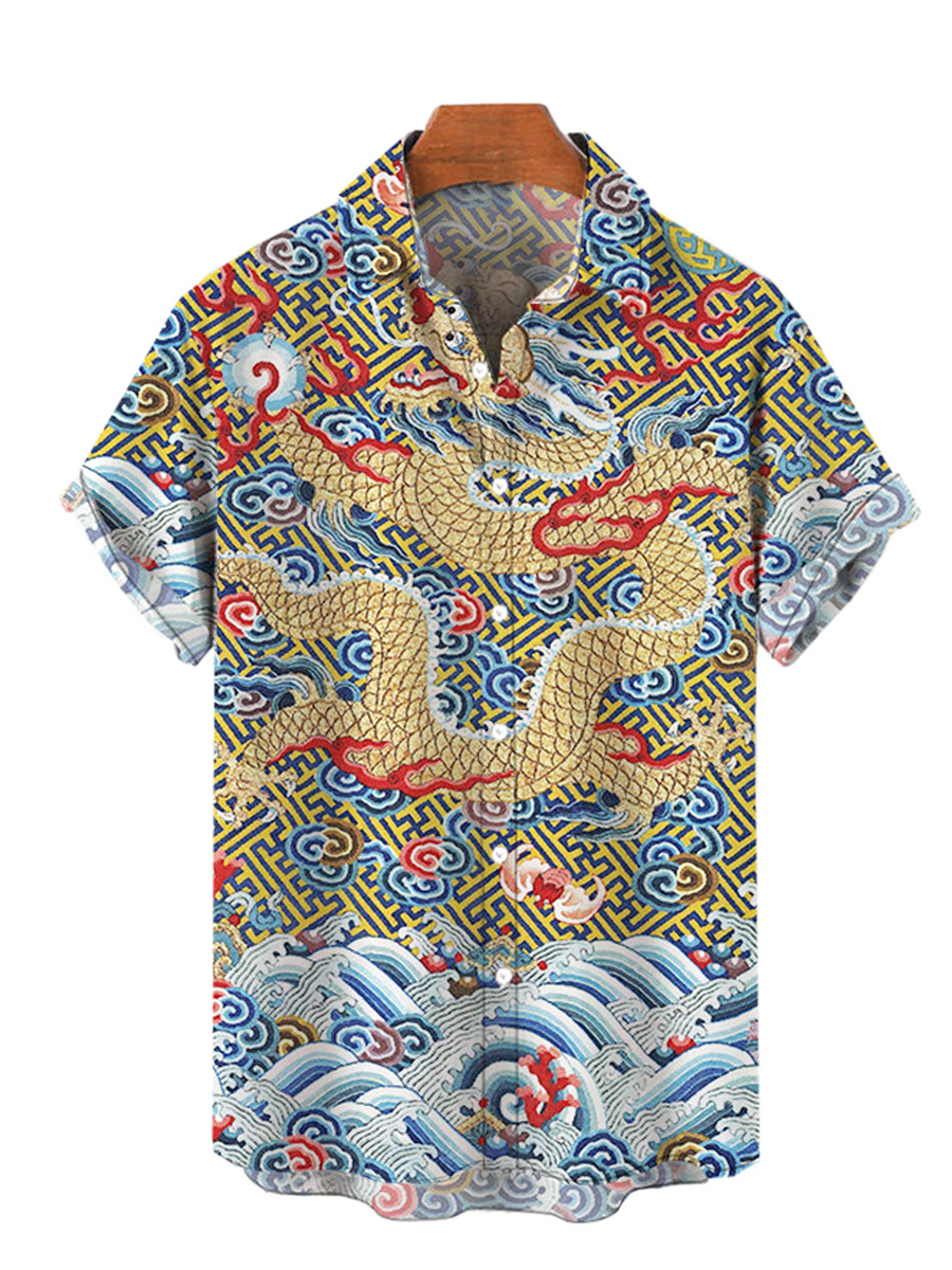 Men's Hawaiian Shirts Retro Chinese Dragon Print Aloha Shirts