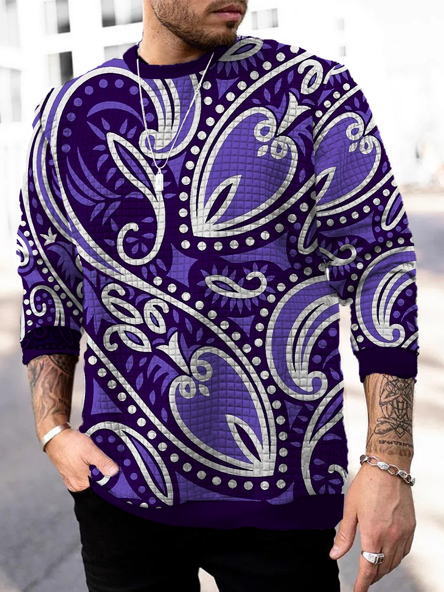 Men's Square Pattern Sweatshirt Art Paisley Print Long Sleeve Sweatshirt