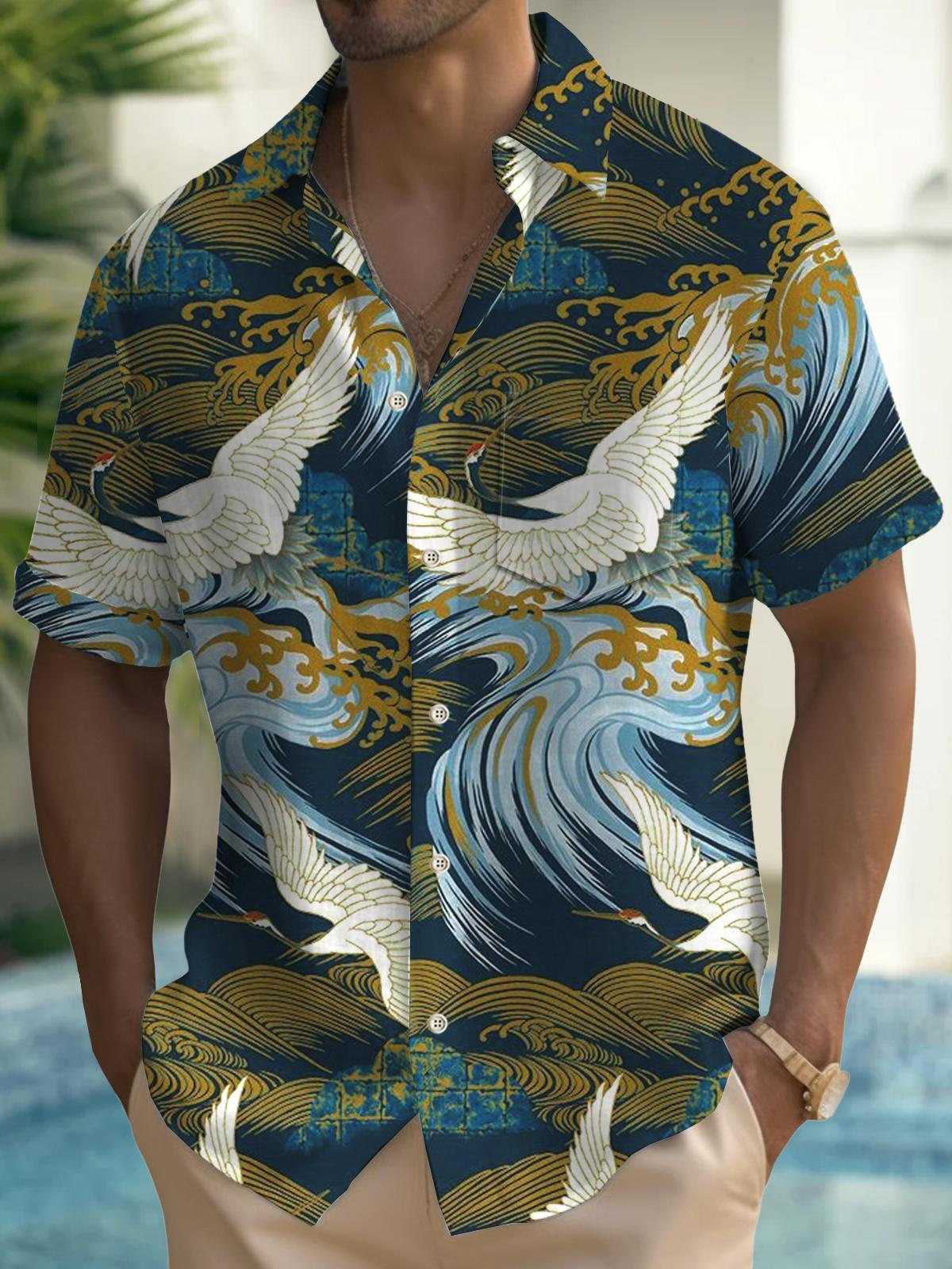 Men's Hawaiian Shirts Japanese Style Crane Pattern Aloha Shirts