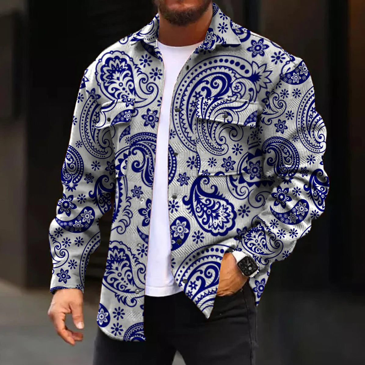 Men's Casual Jacket Paisley Pattern Print Long Sleeve Pockets Jacket