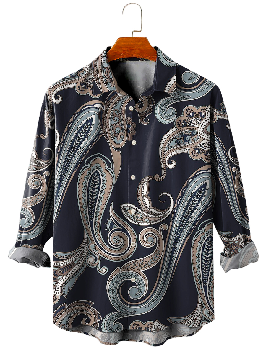 Men's Hawaiian Shirt Simple Paisley Floral Print Casual Vacation Oversized Long Sleeve Shirt