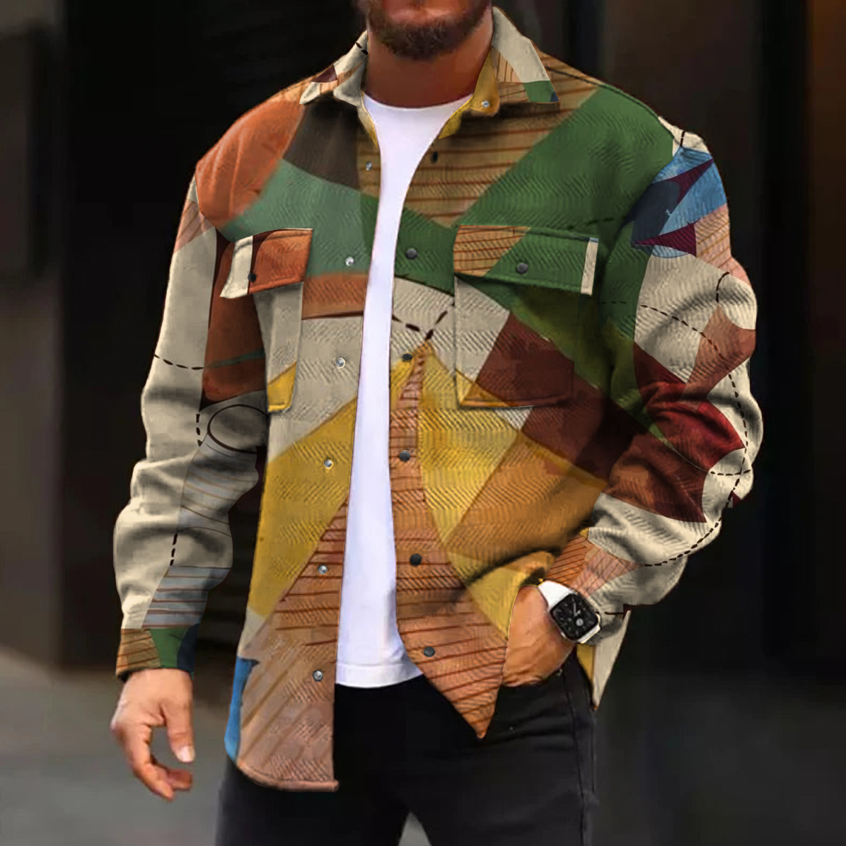 Men's Casual Jacket Geometric Colorblock Print Long Sleeve Pockets Shirt Jacket