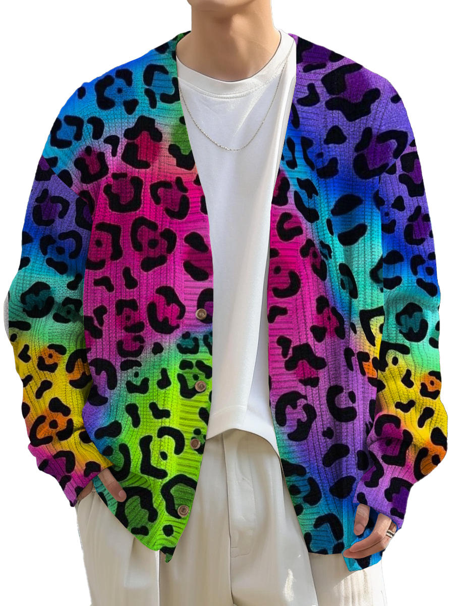 Men's Sweater Leopard Printed Buttoned Cardigan Sweater