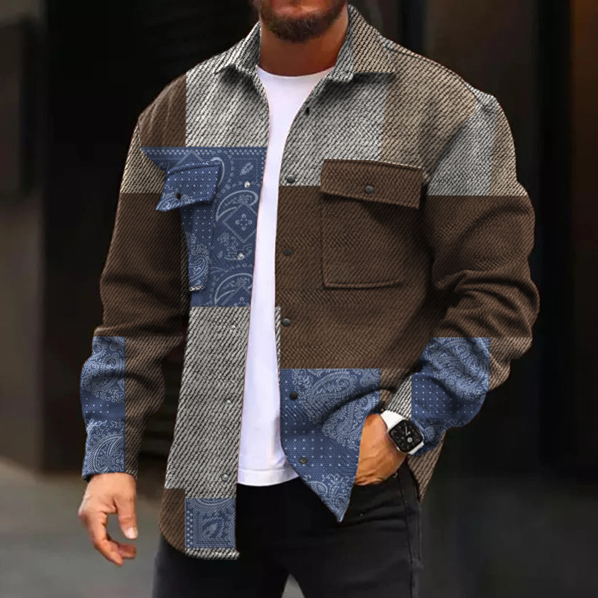 Men's Casual Jacket Fashion Paisley Squares Printed Long Sleeve Pocket Jacket