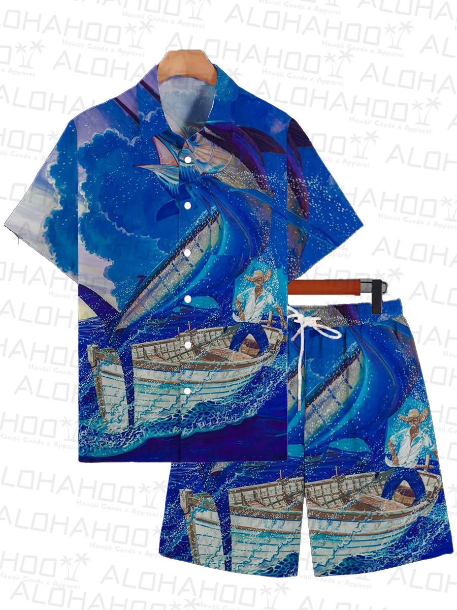 Men's Sets Hawaiian Ocean Swordfish Print Button Pocket Two-Piece Shirt Shorts Set