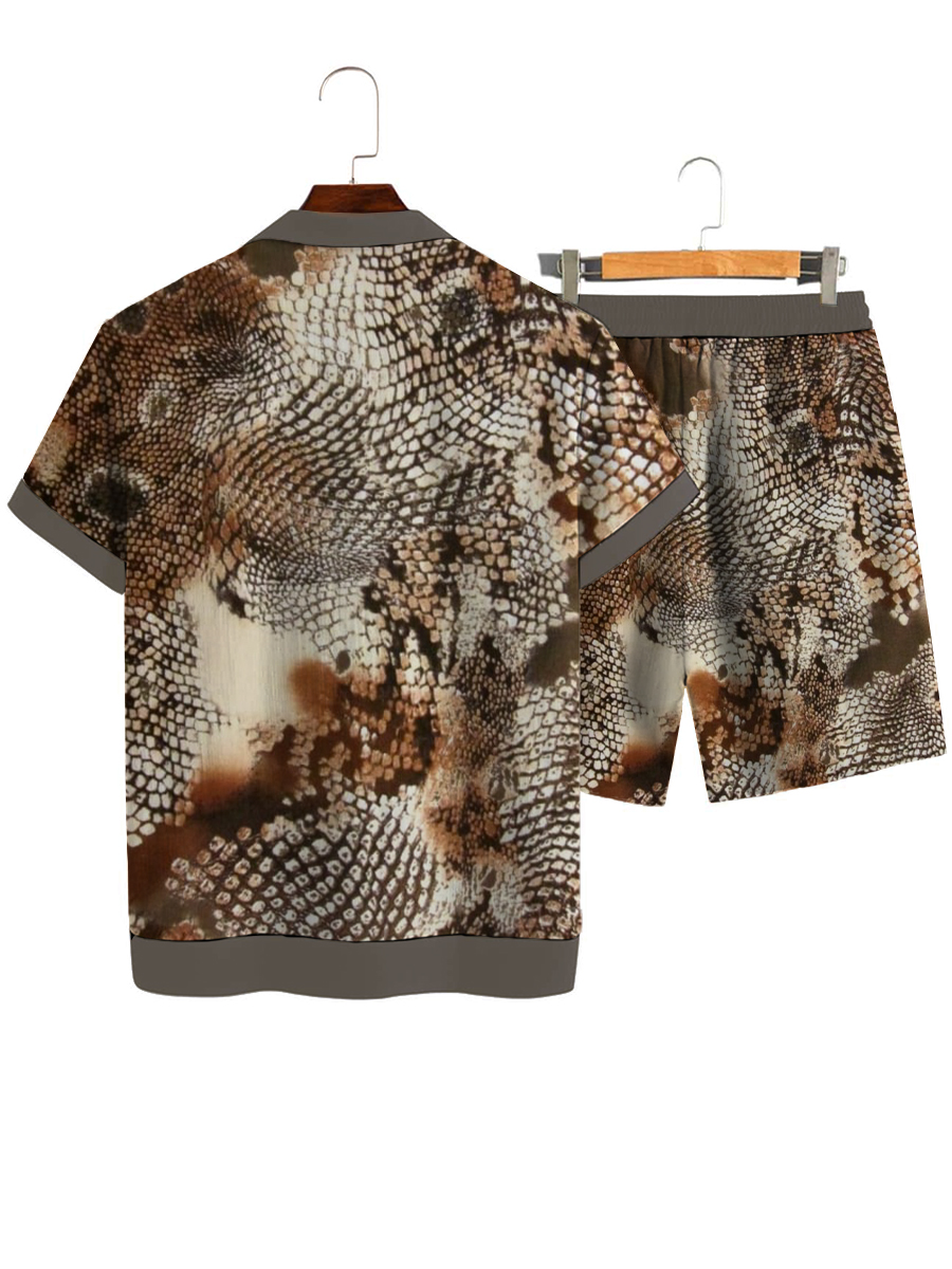Men's Sets Hawaiian Python Pattern Print Button Pocket Two-Piece Shirt Shorts Set