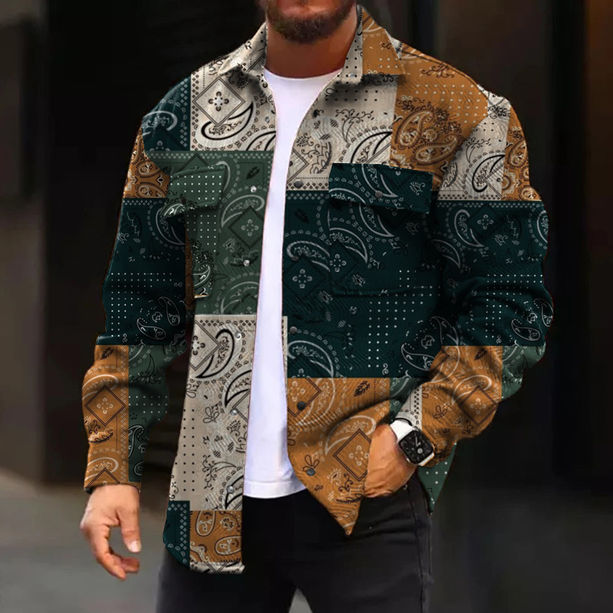 Men's Casual Jacket Fashion Paisley Squares Printed Long Sleeve Pocket Jacket
