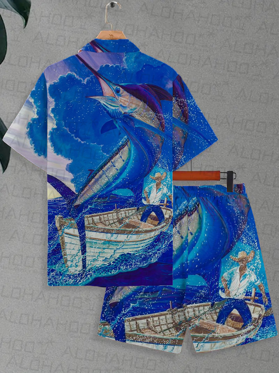 Men's Sets Hawaiian Ocean Swordfish Print Button Pocket Two-Piece Shirt Shorts Set