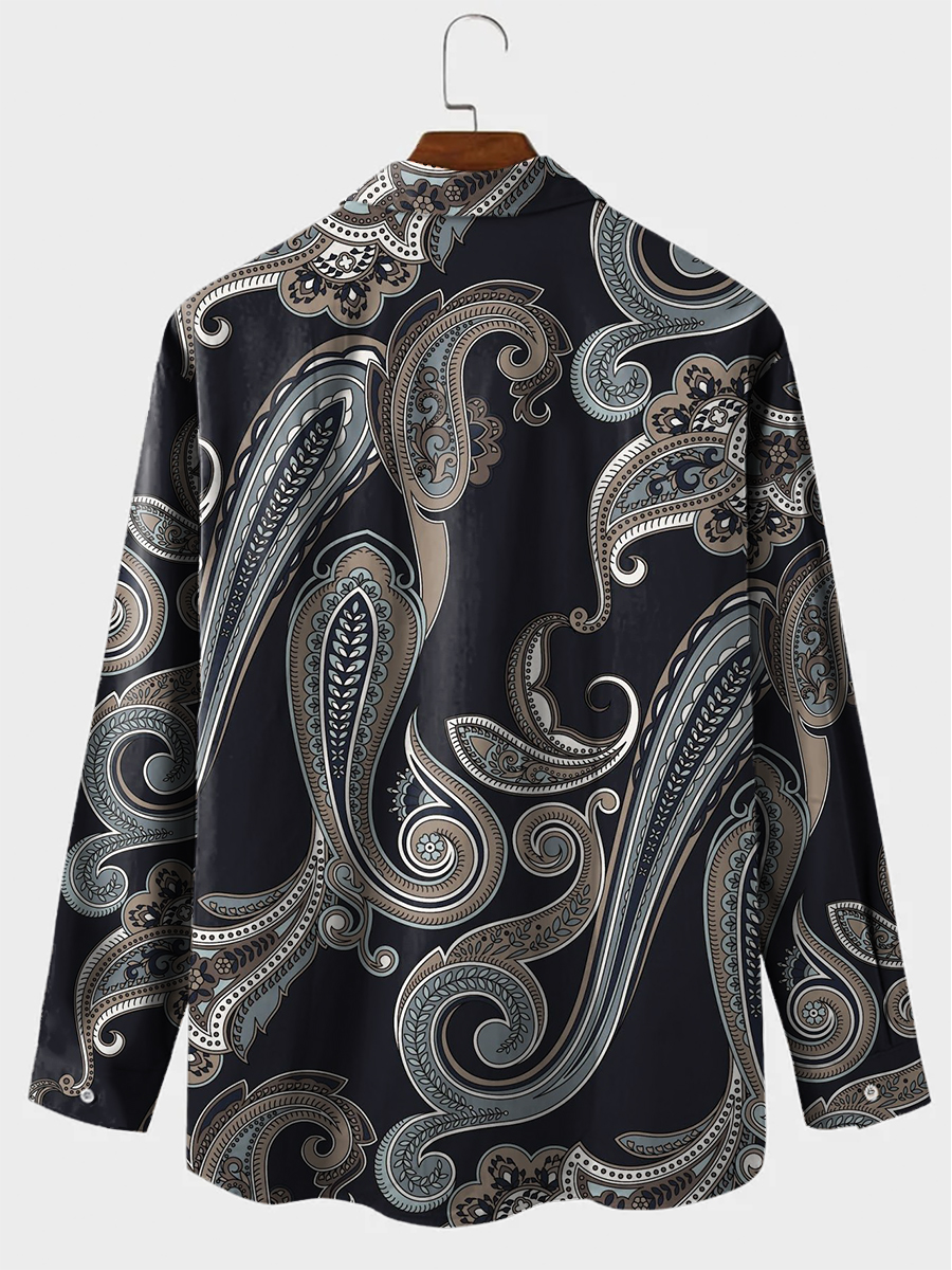 Men's Hawaiian Shirt Simple Paisley Floral Print Casual Vacation Oversized Long Sleeve Shirt