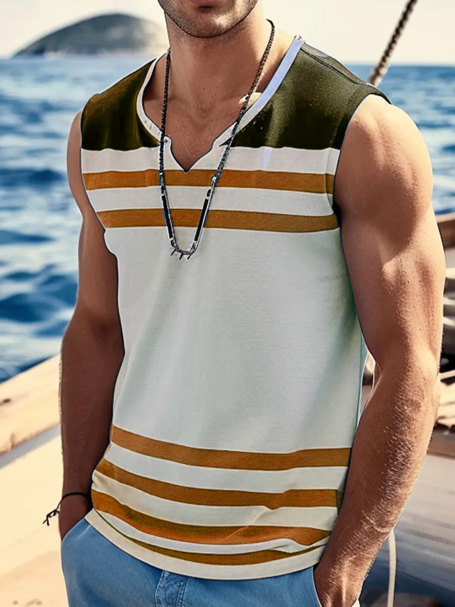 Men's Basic Stripes Print Crew Neck Tank Top Muscle Tee