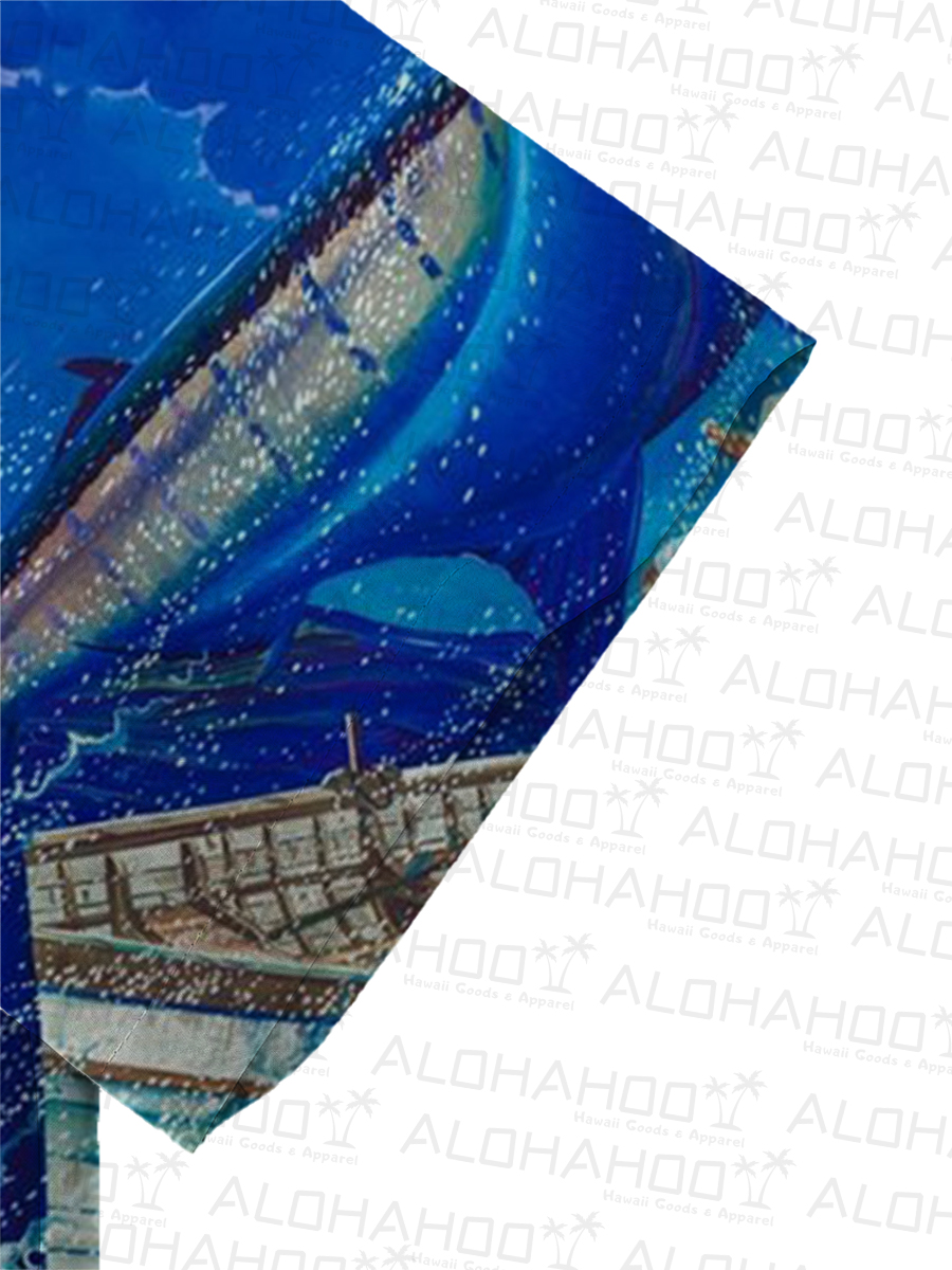 Men's Sets Hawaiian Ocean Swordfish Print Button Pocket Two-Piece Shirt Shorts Set