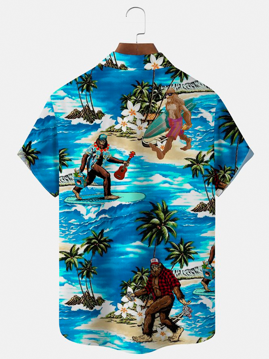 Men's Hawaiian Shirts Beach Vacation Bigfoot Wrinkle Free Seersucker Aloha Camp Pocket Shirts