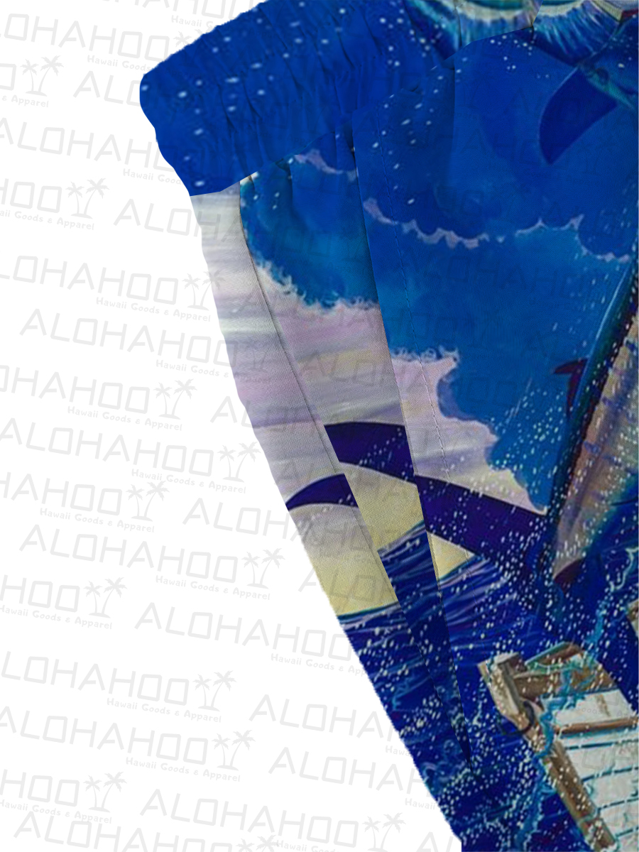 Men's Sets Hawaiian Ocean Swordfish Print Button Pocket Two-Piece Shirt Shorts Set