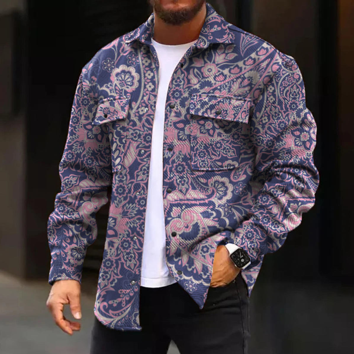 Men's Casual Jacket Paisley Pattern Print Long Sleeve Pockets Jacket