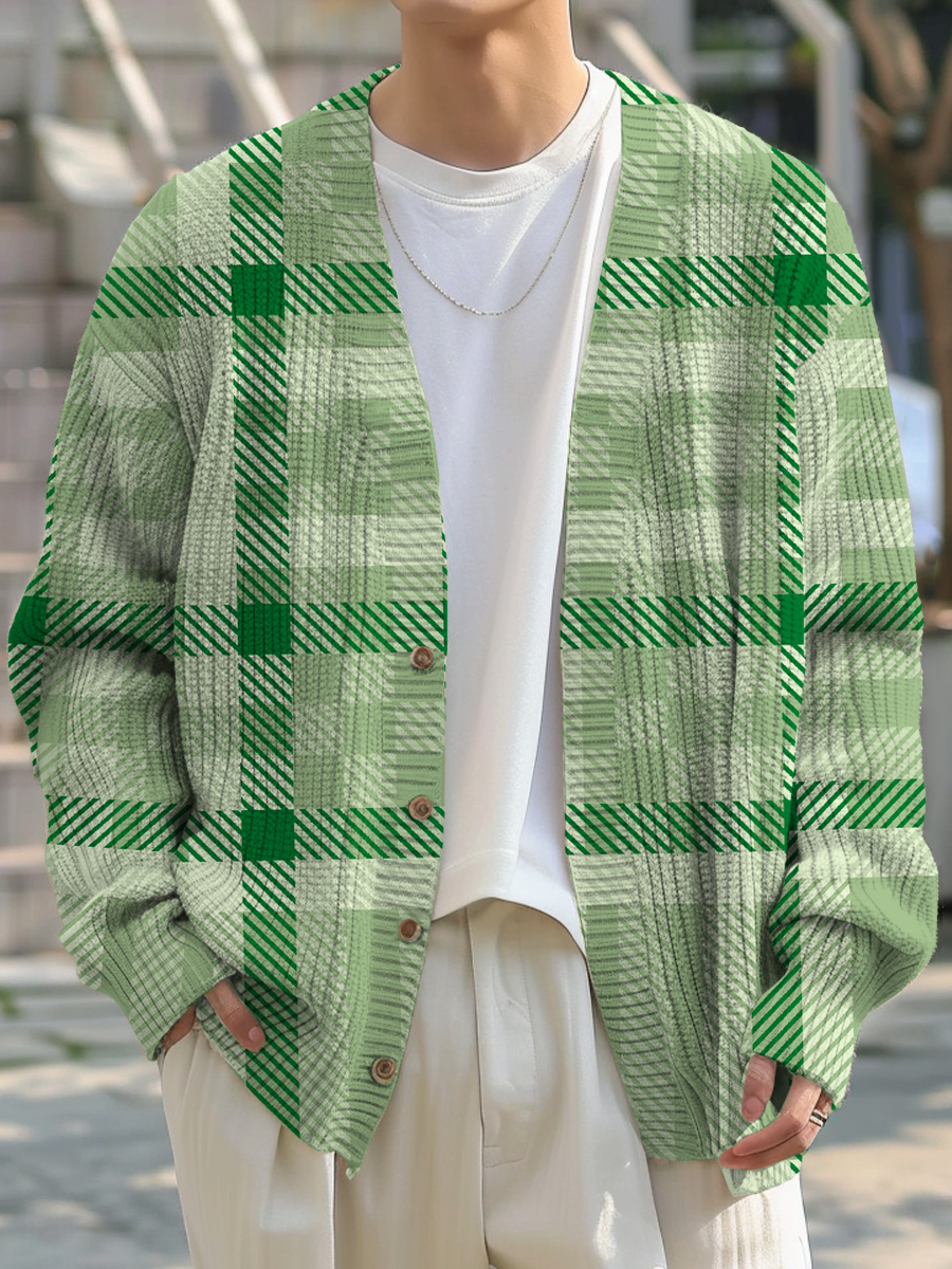 Men's Sweater Plaid Printed Buttoned Cardigan Sweater