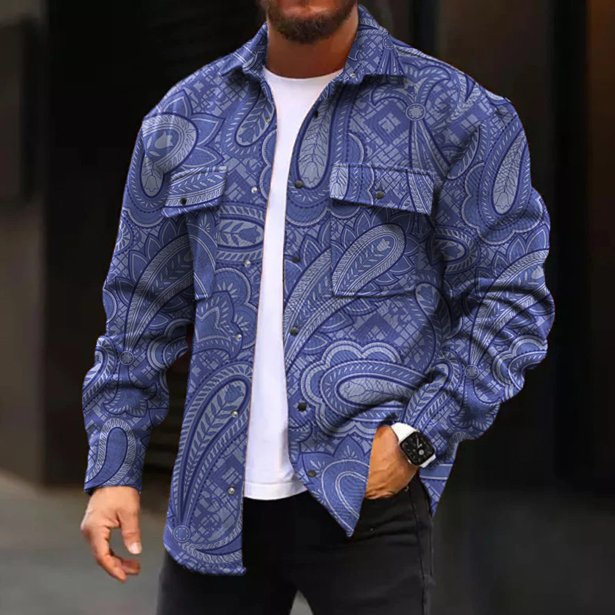 Men's Casual Jacket Paisley Pattern Print Long Sleeve Pockets Jacket