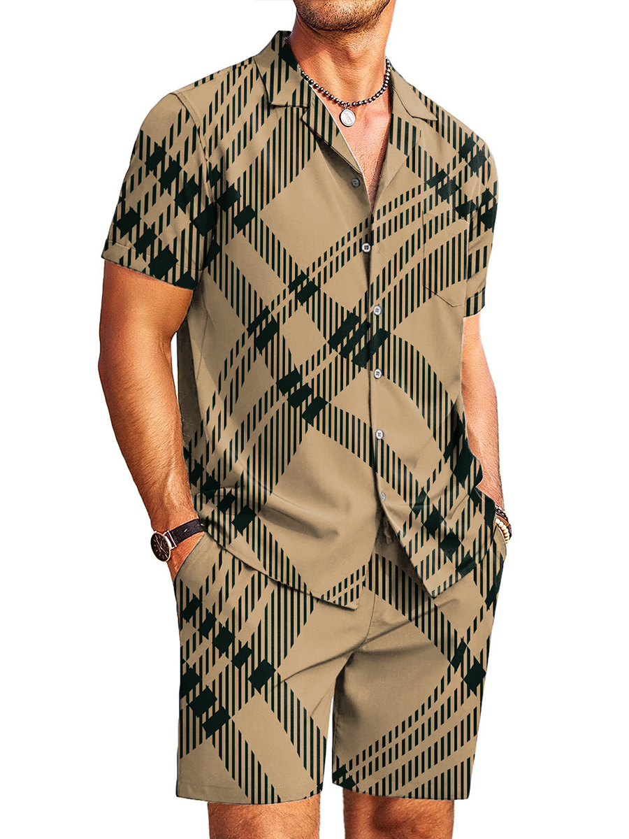 Men's Sets Hawaiian Abstract Plaid Print Button Pocket Two-Piece Shirt Shorts Set