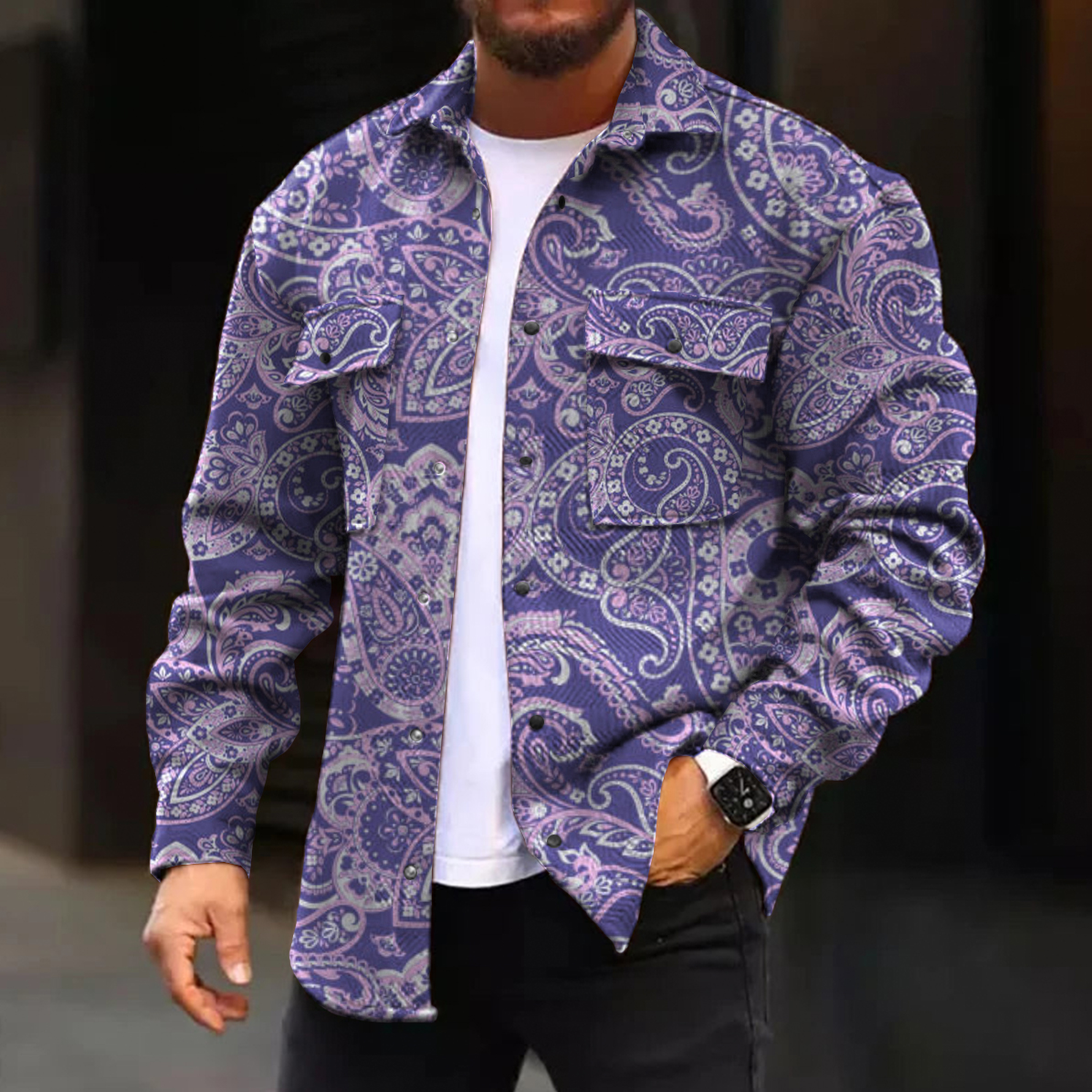 Men's Casual Jacket Paisley Pattern Print Long Sleeve Pockets Jacket