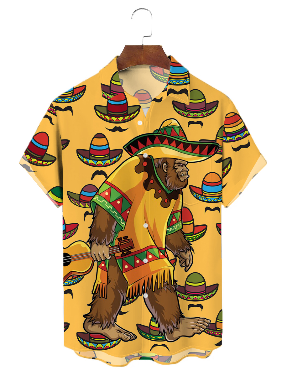Men's Hawaiian Shirts Mexican Art Bigfoot Print Chest Pocket Short Sleeve Shirt