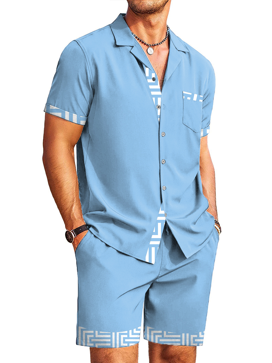 Men's Sets Geometry Pattern Button Down Two-Piece Shirt Shorts Set