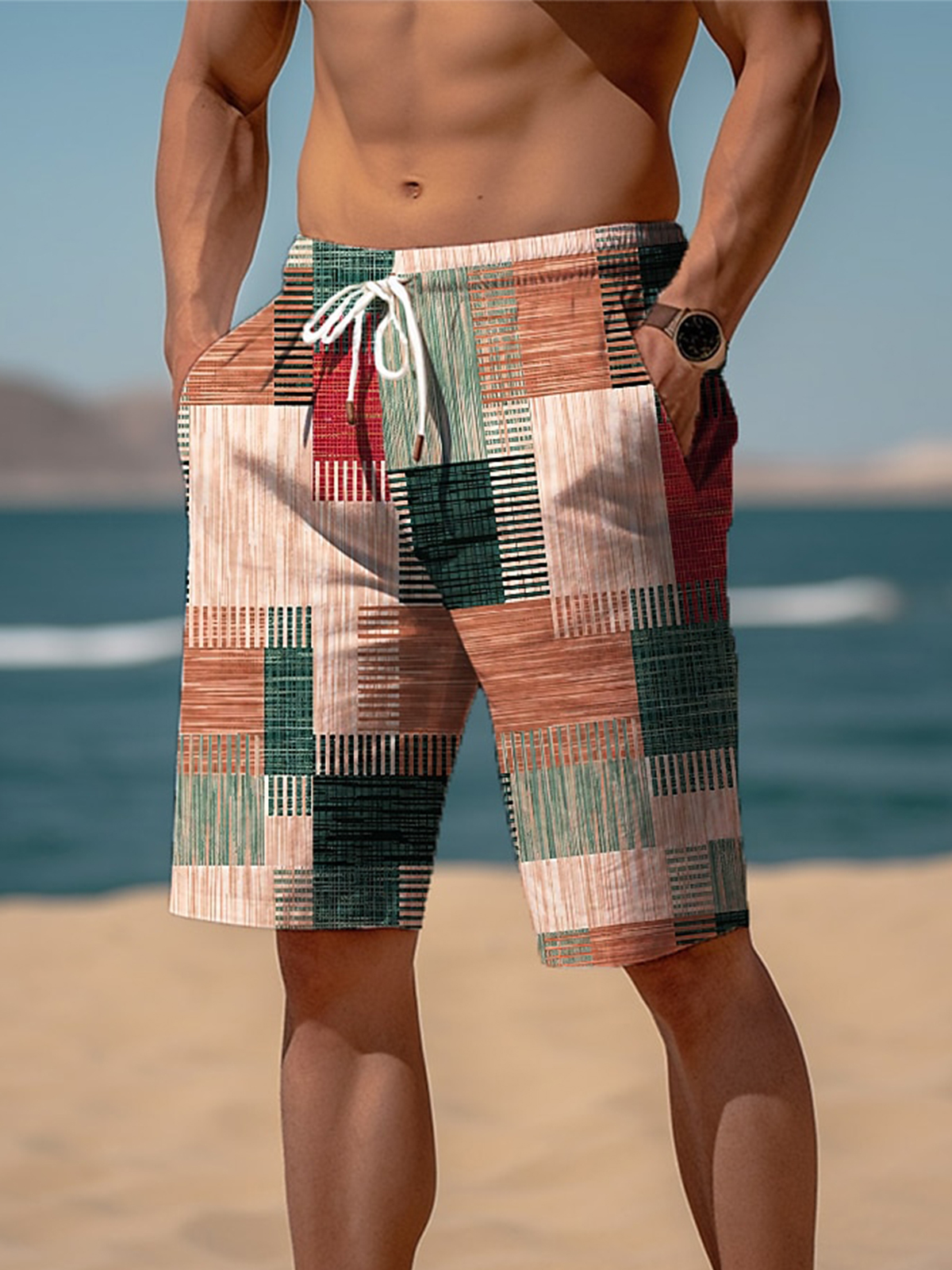 Men's Shorts Drawstring Elastic Waist 3D Print Graphic Plaid Beach Shorts