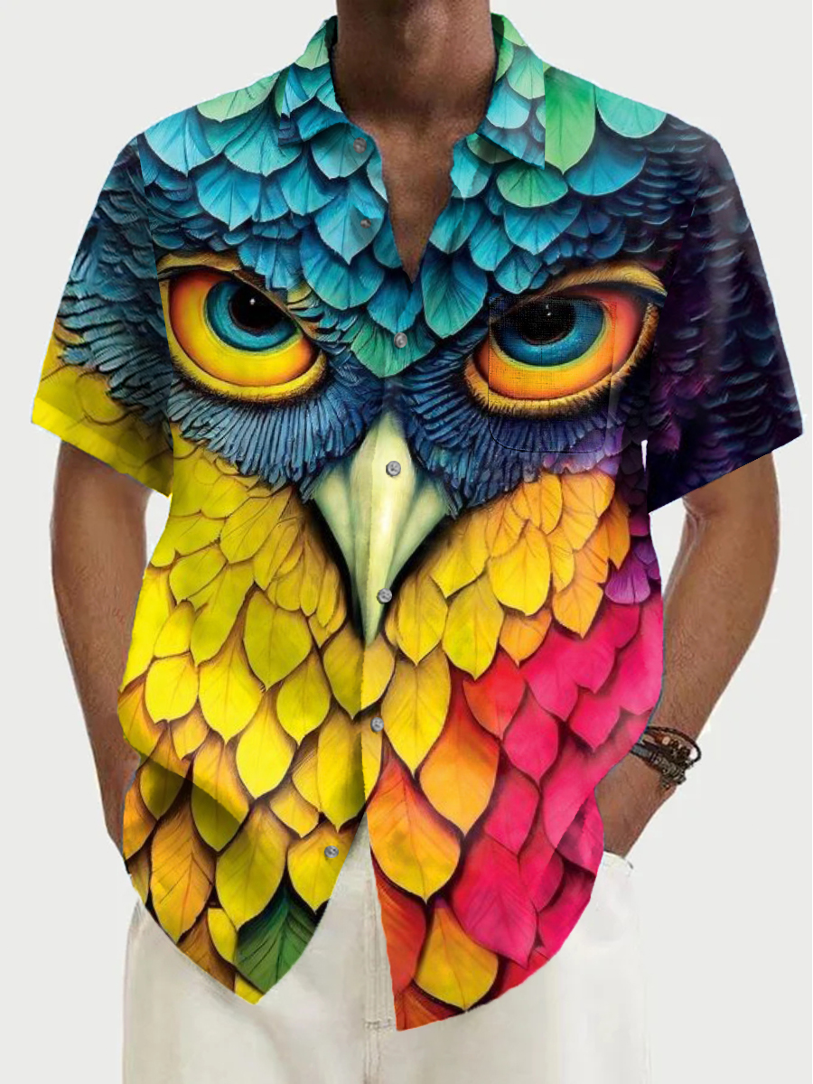 Men's Shirt Colorful Owl Art Pattern Vacation Oversized Short Sleeve Shirt