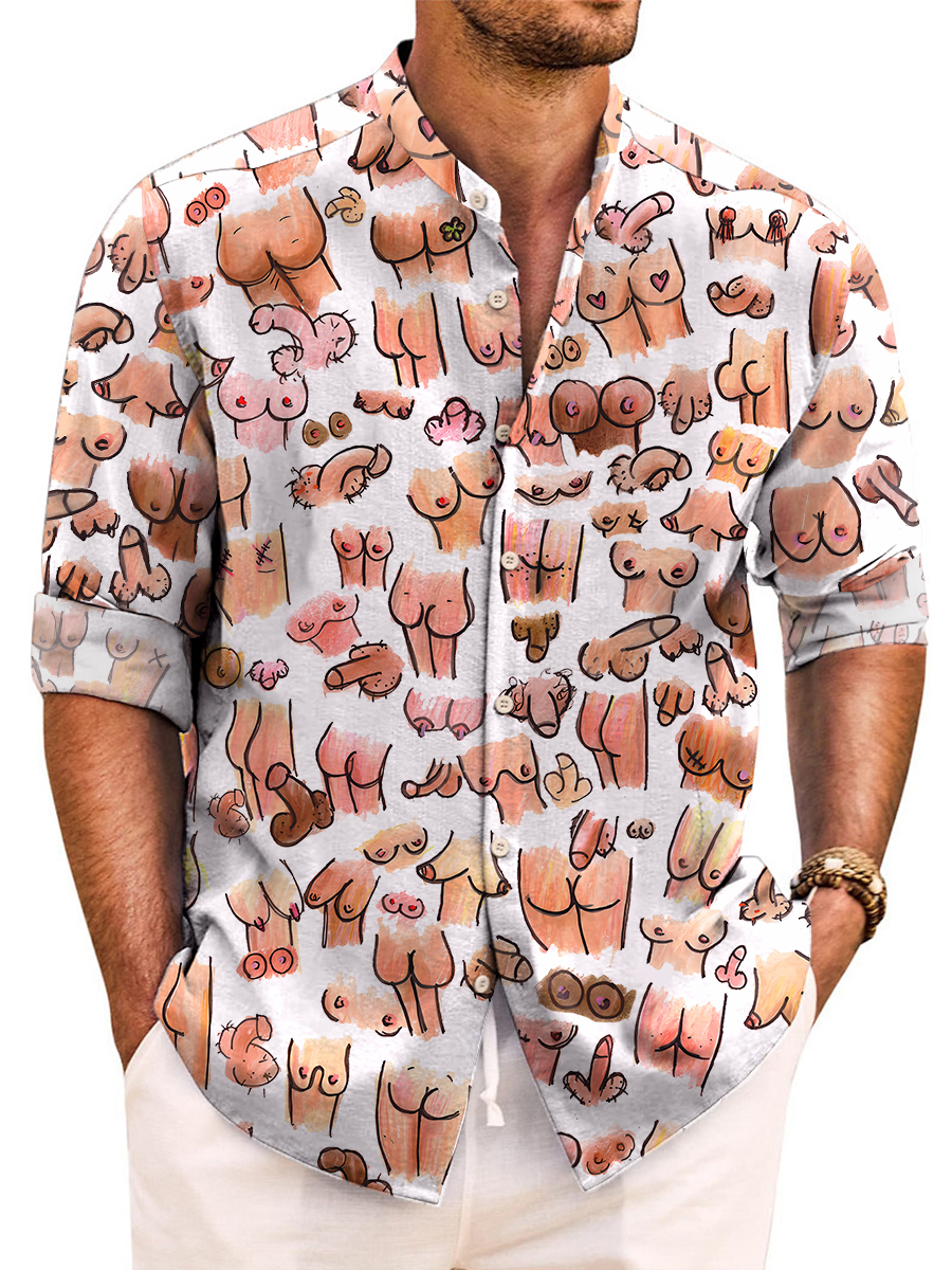Funny Sexy Cocks And Boobs Print Long Sleeve Band Collar Hawaiian Shirt