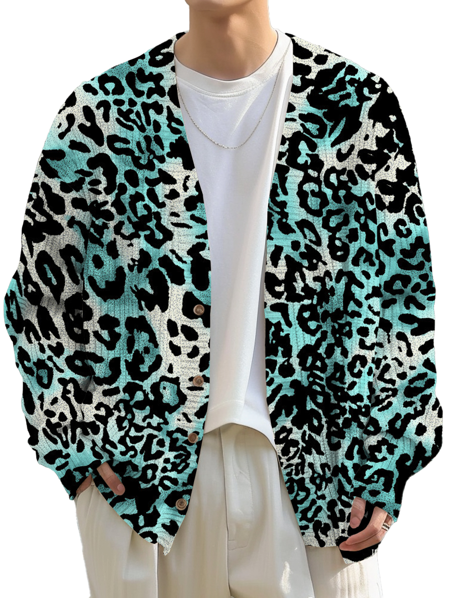 Men's Sweater Stylish Leopard Printed Buttoned Cardigan Sweater
