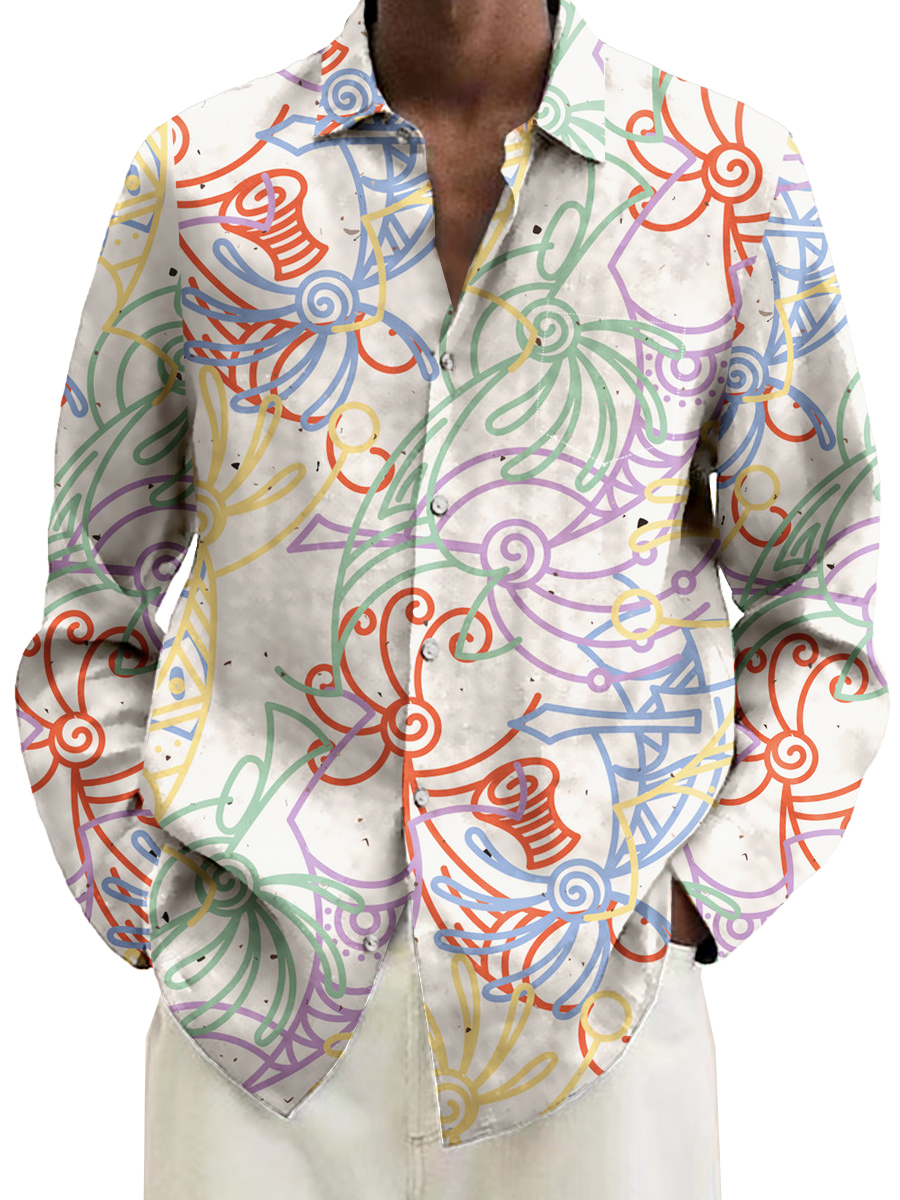 Retro Colorful Kokopelli Pattern Casual Loose Long Sleeved Shirt
