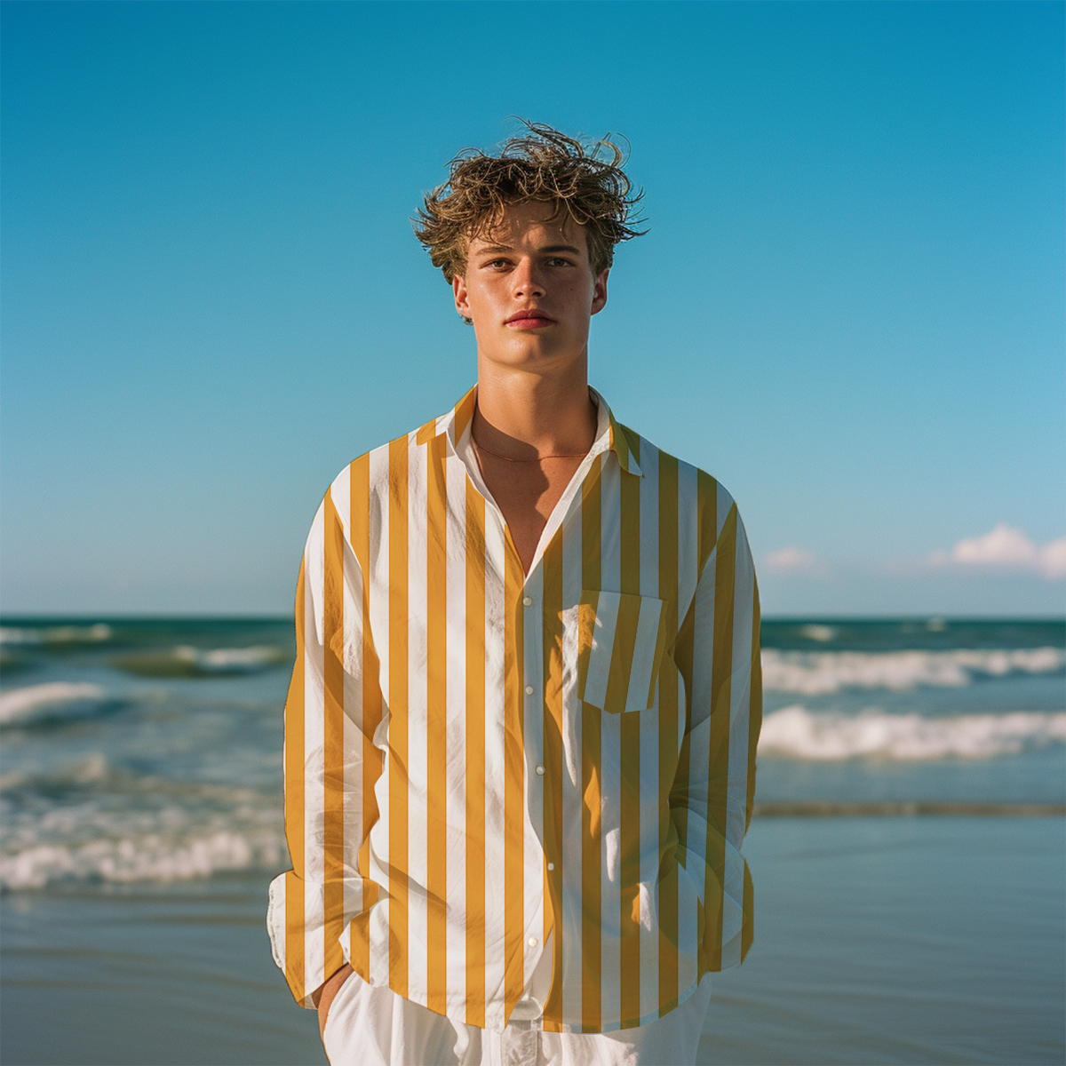 Basic Stripes Pattern Long Sleeve Pocket Hawaiian Shirt