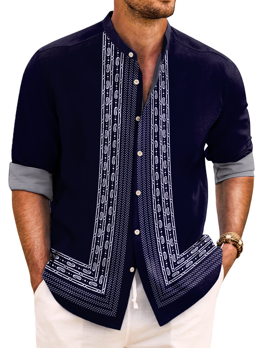 Vintage Paisley Art Print Band Collar Long Sleeve Hawaiian Shirt