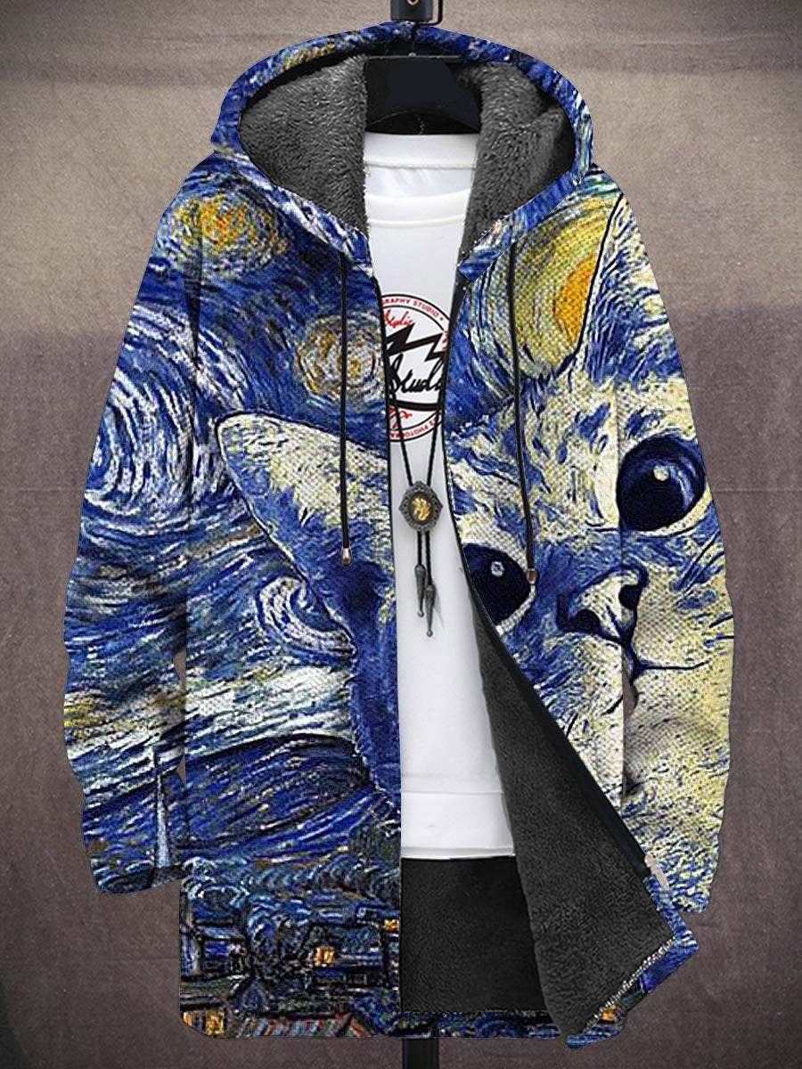 Unisex Retro Van Gogh Starry Night Cute Cat Art Pattern Long-Sleeved Cardigan Jacket