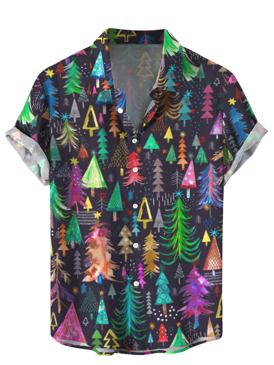 Men's Hawaiian Shirts Colorful Christmas Tree Print Aloha Shirts