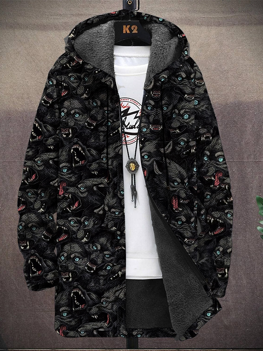 Men's Wolf Pattern Hooded Two-Pocket Fleece Cardigan Jacket