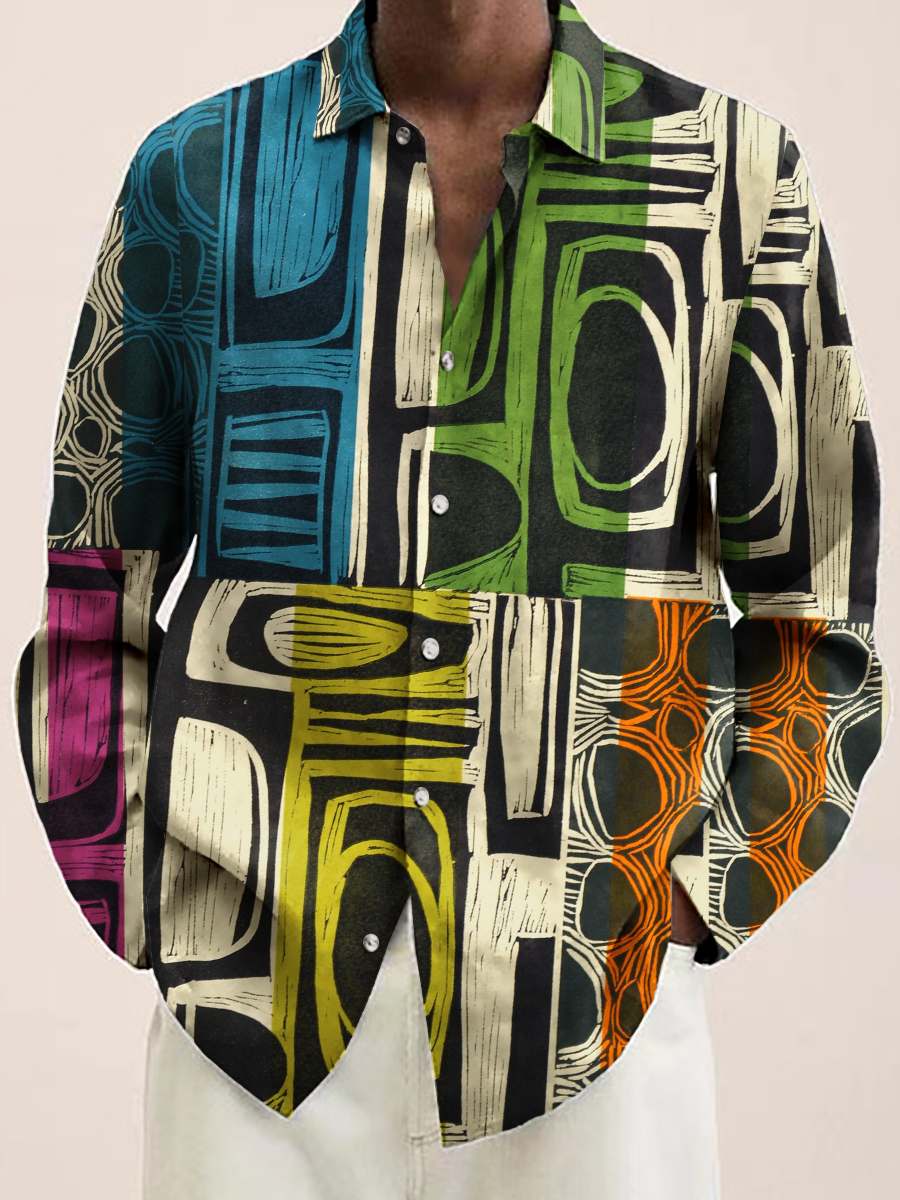 Retro Colorful Geometry Print Long Sleeve Hawaiian Shirt