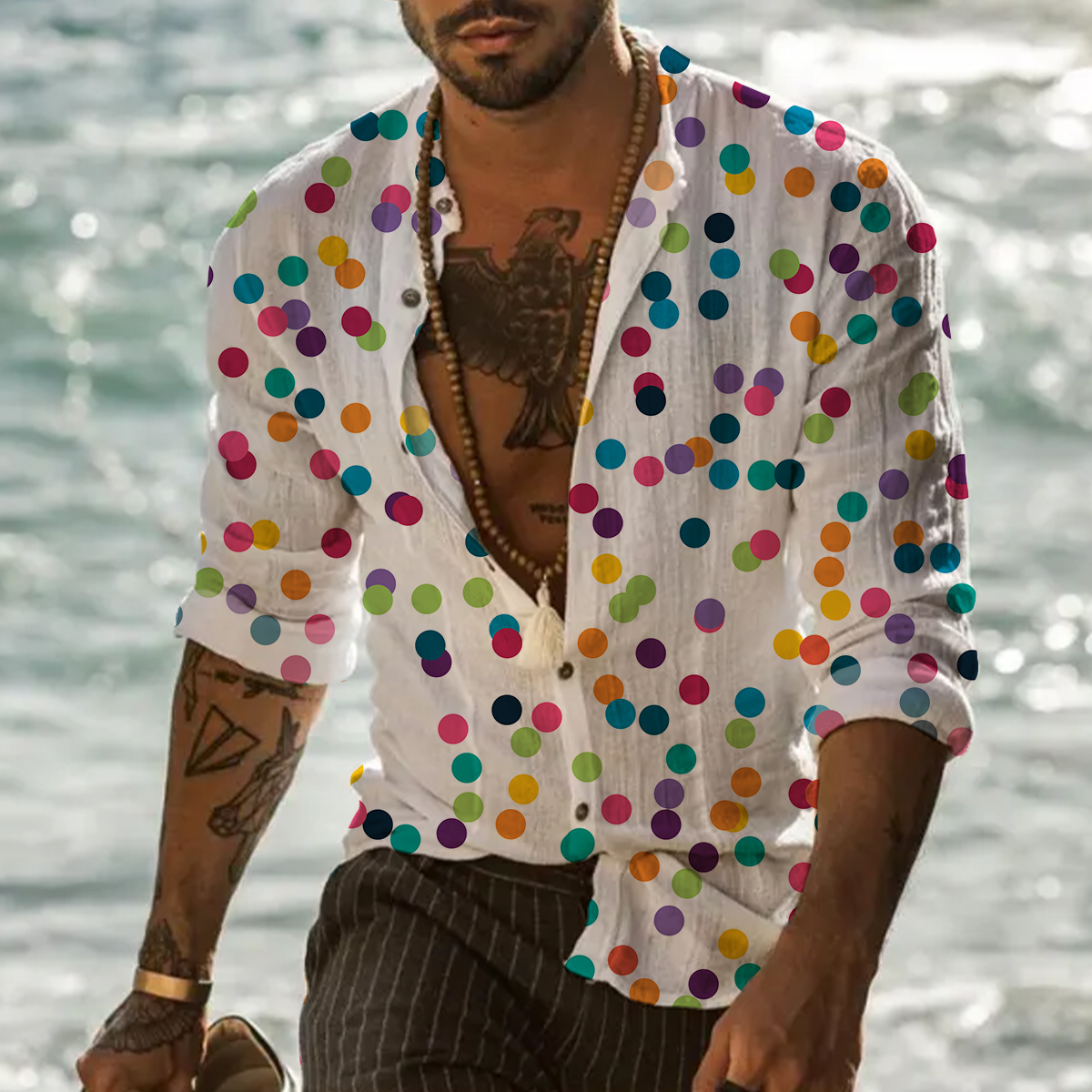 Retro Colorful Polka Dots Pattern Easy Care Aloha Long Sleeve Shirts