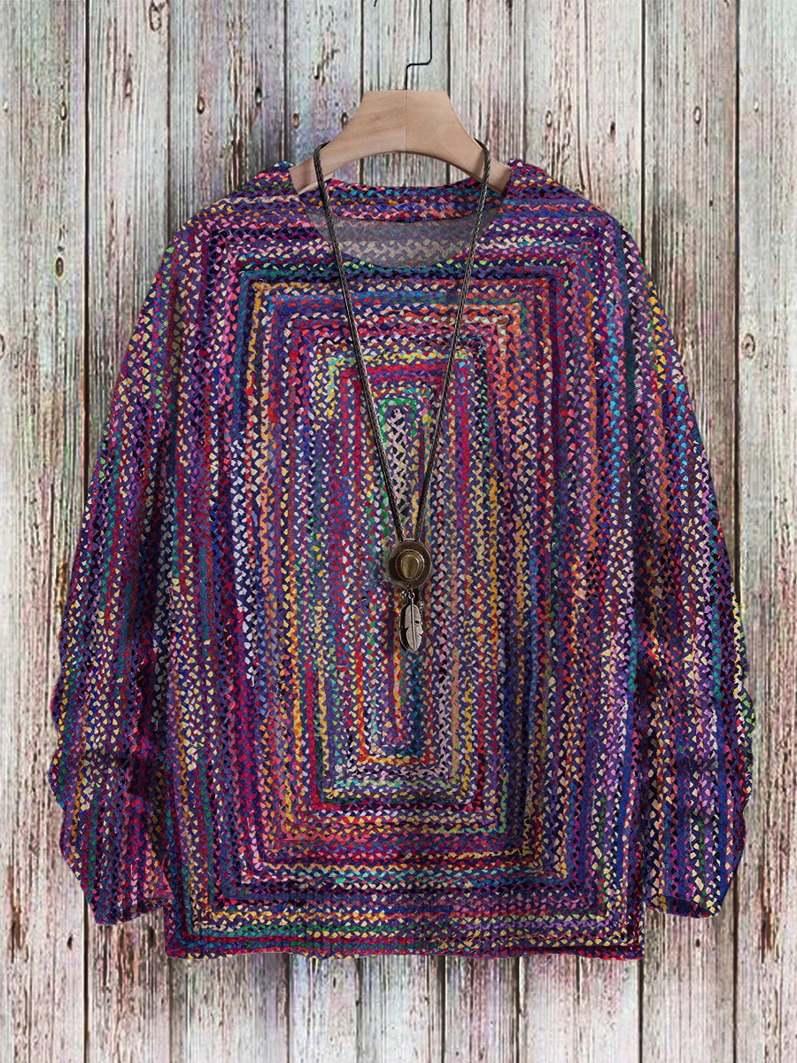 Unisex Colorful Plaid Art Print Casual Knit Pullover Sweater