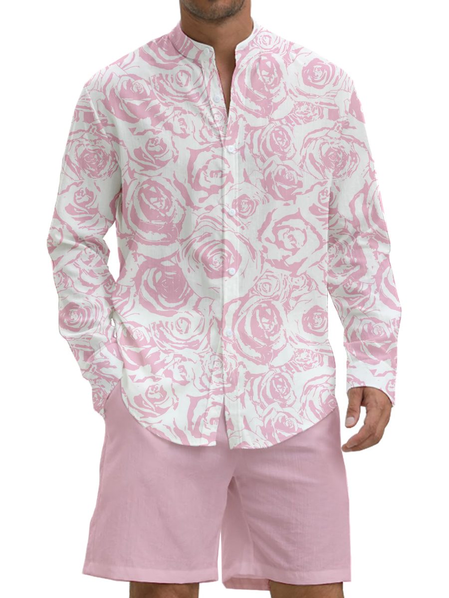 Men's Sets Hawaiian Pink Rose Print Button Down Two-Piece Shirt Shorts Set