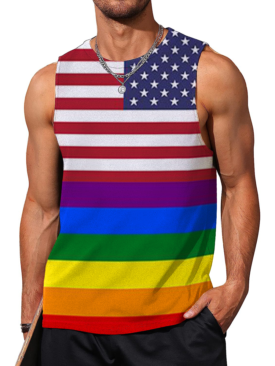 Men's American Flag Rainbow Stripes Crew Neck Tank Top