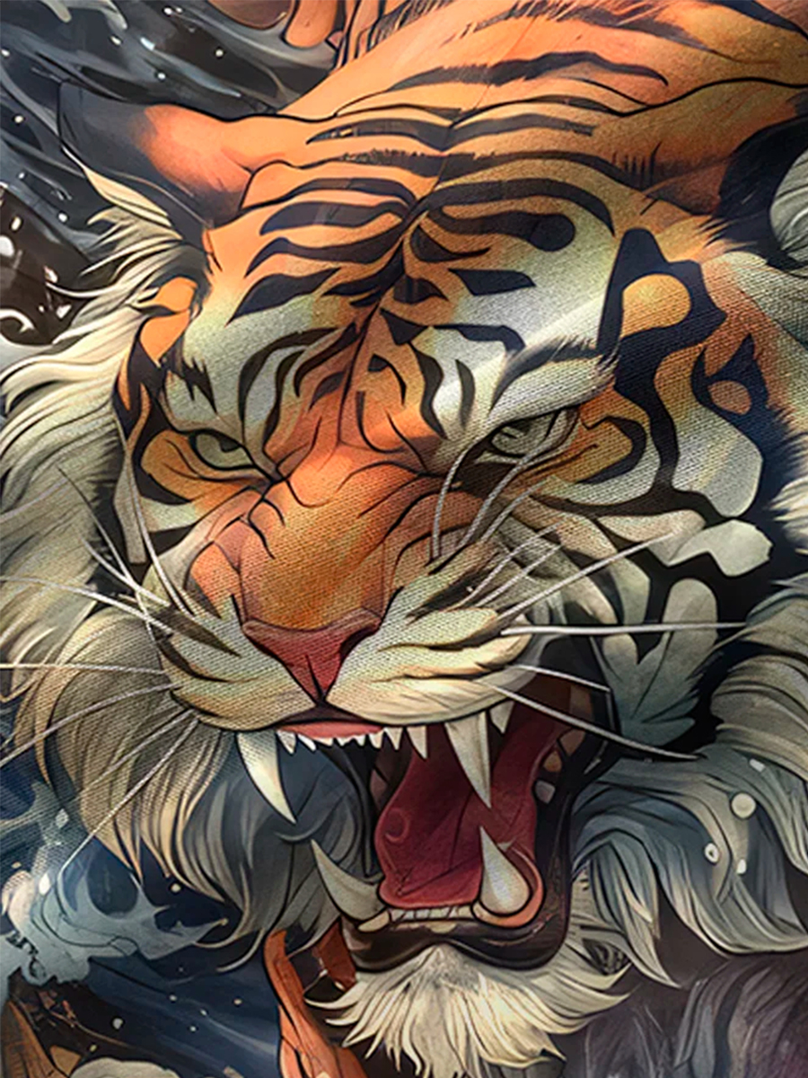 Vintage Ukiyoe Tiger Print Men's Button Pocket Shirt