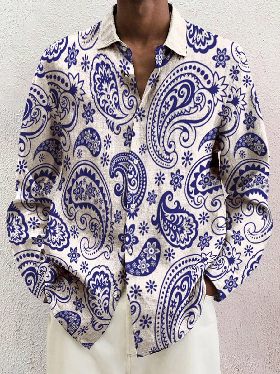 Men's Casual Shirt Vintage Paisley Print Turndown Long Sleeve Print Shirt